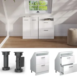 Dachschrägenschrank Rion Weiß Hochglanz/Weiß mit 2 Schubladen Vicco