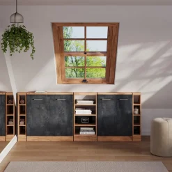 Dachschrägenschrank-Set Rion Schwarz Beton/Goldkraft Eiche 5er Set Vicco