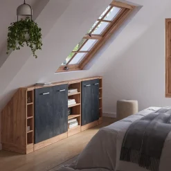 Dachschrägenschrank-Set Rion Schwarz Beton/Goldkraft Eiche 5er Set Vicco