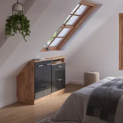 Dachschrägenschrank-Set Rion Anthrazit Hochglanz/Goldkraft Eiche 2er Set Vicco