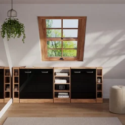 Dachschrägenschrank-Set Rion Schwarz Hochglanz/Goldkraft Eiche 5er Set Vicco