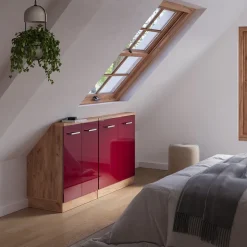 Dachschrägenschrank-Set Rion Rot Hochglanz/Goldkraft Eiche 2er Set Vicco