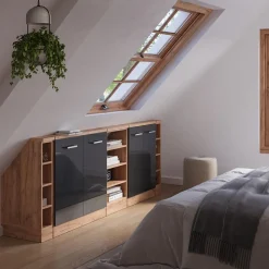 Dachschrägenschrank-Set Rion Anthrazit Hochglanz/Goldkraft Eiche 5er Set Vicco