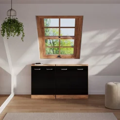 Dachschrägenschrank-Set Rion Schwarz Hochglanz/Goldkraft Eiche 2er Set Vicco