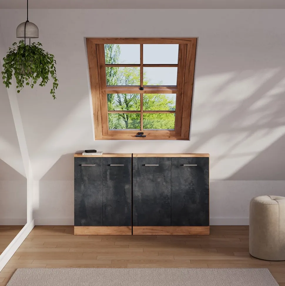 Dachschrägenschrank-Set Rion Schwarz Beton/Goldkraft Eiche 2er Set Vicco