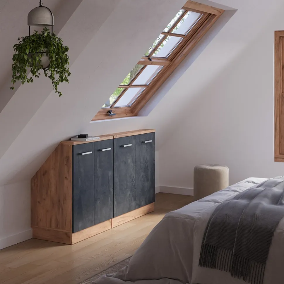 Dachschrägenschrank-Set Rion Schwarz Beton/Goldkraft Eiche 2er Set Vicco