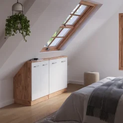 Dachschrägenschrank-Set Rion Weiß Hochglanz/Goldkraft Eiche 2er Set Vicco