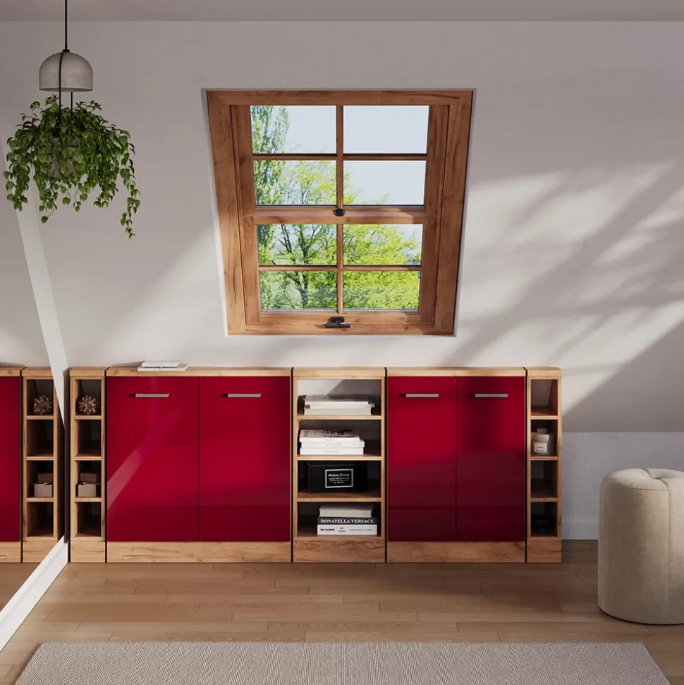 Dachschrägenschrank-Set Rion Rot Hochglanz/Goldkraft Eiche 5er Set Vicco