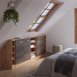 Dachschrägenschrank-Set Rion Edelgrau/Goldkraft Eiche 5er Set Vicco