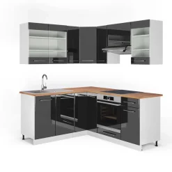 Eckküche Fame-Line Anthrazit Hochglanz/Weiß 190 x 60 cm , AP Eiche Vicco
