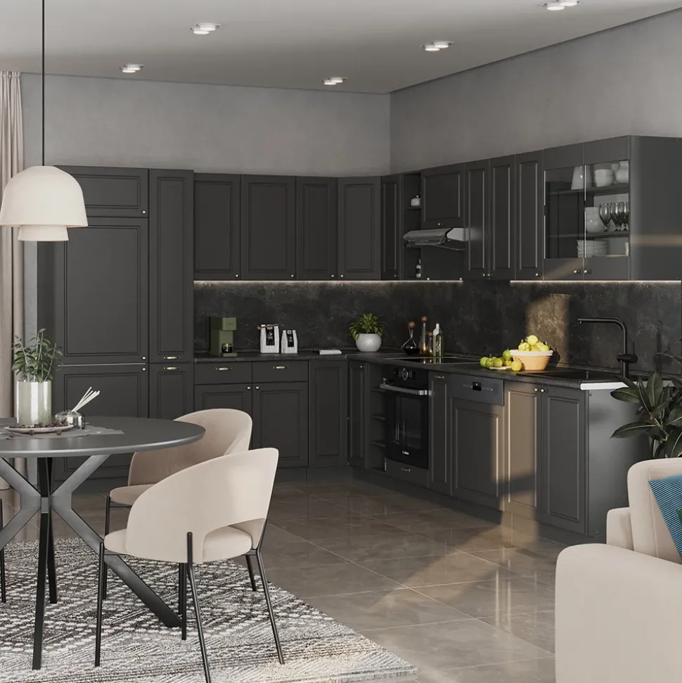 Eckküche Fame-Line Anthrazit-Gold Landhaus 347 x 60 cm , AP Anthrazit Vicco