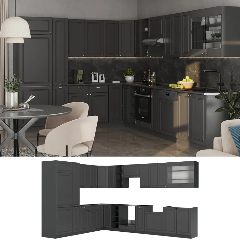 Eckküche Fame-Line Anthrazit-Gold Landhaus 347 x 60 cm , AP Anthrazit Vicco