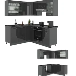 Eckküche Fame-Line Anthrazit Hochglanz 190 x 60 cm , AP Eiche Vicco