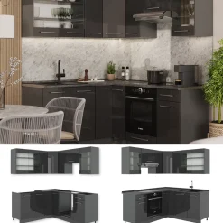 Eckküche Fame-Line Anthrazit Hochglanz 190 x 60 cm , AP Eiche Vicco