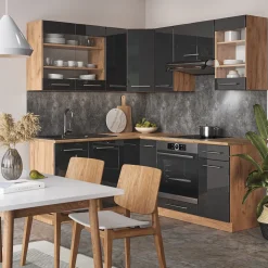 Eckküche Fame-Line Anthrazit Hochglanz/Goldkraft Eiche 190 x 60 cm , AP Eiche Vicco