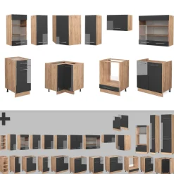 Eckküche Fame-Line Anthrazit Hochglanz/Goldkraft Eiche 190 x 60 cm , AP Eiche Vicco