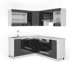 Eckküche Fame-Line Anthrazit Hochglanz/Weiß 190 x 60 cm , AP Marmor Vicco
