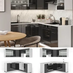 Eckküche Fame-Line Anthrazit Hochglanz/Weiß 190 x 60 cm , AP Marmor Vicco