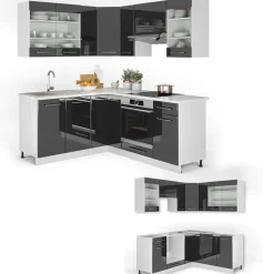 Eckküche Fame-Line Anthrazit Hochglanz/Weiß 190 x 60 cm , AP Marmor Vicco