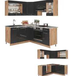 Eckküche Fame-Line Anthrazit Hochglanz/Goldkraft Eiche 190 x 60 cm , AP Anthrazit Vicco