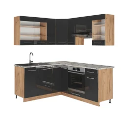 Eckküche Fame-Line Anthrazit Hochglanz/Goldkraft Eiche 190 x 60 cm , AP Marmor Vicco