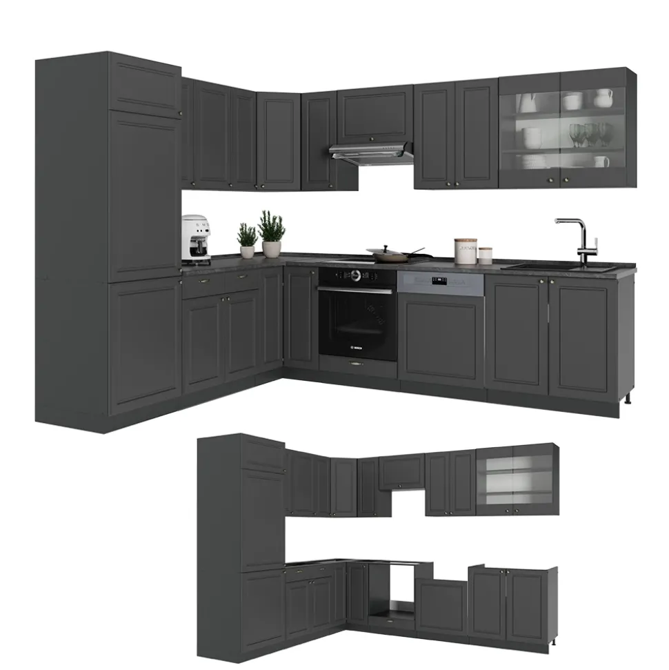 Eckküche Fame-Line Anthrazit-Gold Landhaus 287 x 60 cm , AP Anthrazit Vicco