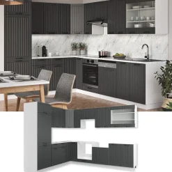 Eckküche Fame-Line Anthrazit Landhaus/Weiß 287 x 60 cm , AP Marmor Vicco