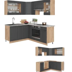 Eckküche Fame-Line Anthrazit Landhaus/Goldkraft Eiche 190 x 46 cm ohne Arbeitsplatte Vicco
