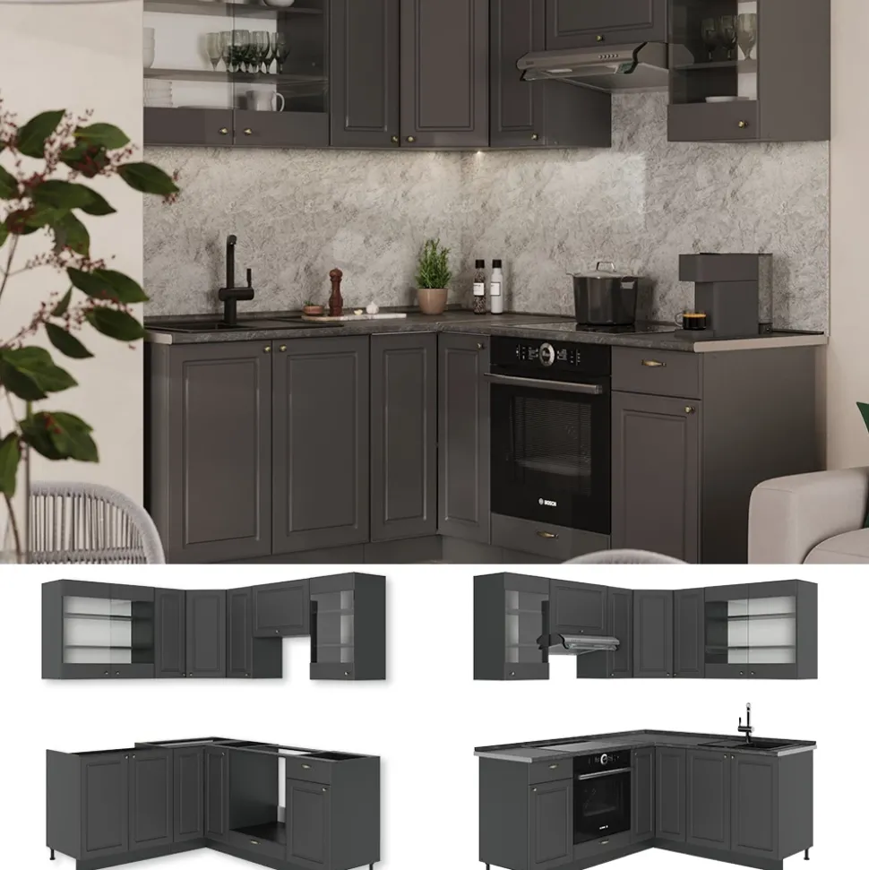 Eckküche Fame-Line Anthrazit-Gold Landhaus 190 x 60 cm , AP Anthrazit Vicco