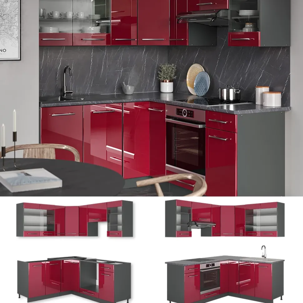 Eckküche Fame-Line Bordeaux Hochglanz/Anthrazit 190 x 46 cm ohne Arbeitsplatte Vicco