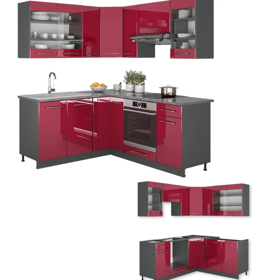 Eckküche Fame-Line Bordeaux Hochglanz/Anthrazit 190 x 46 cm ohne Arbeitsplatte Vicco