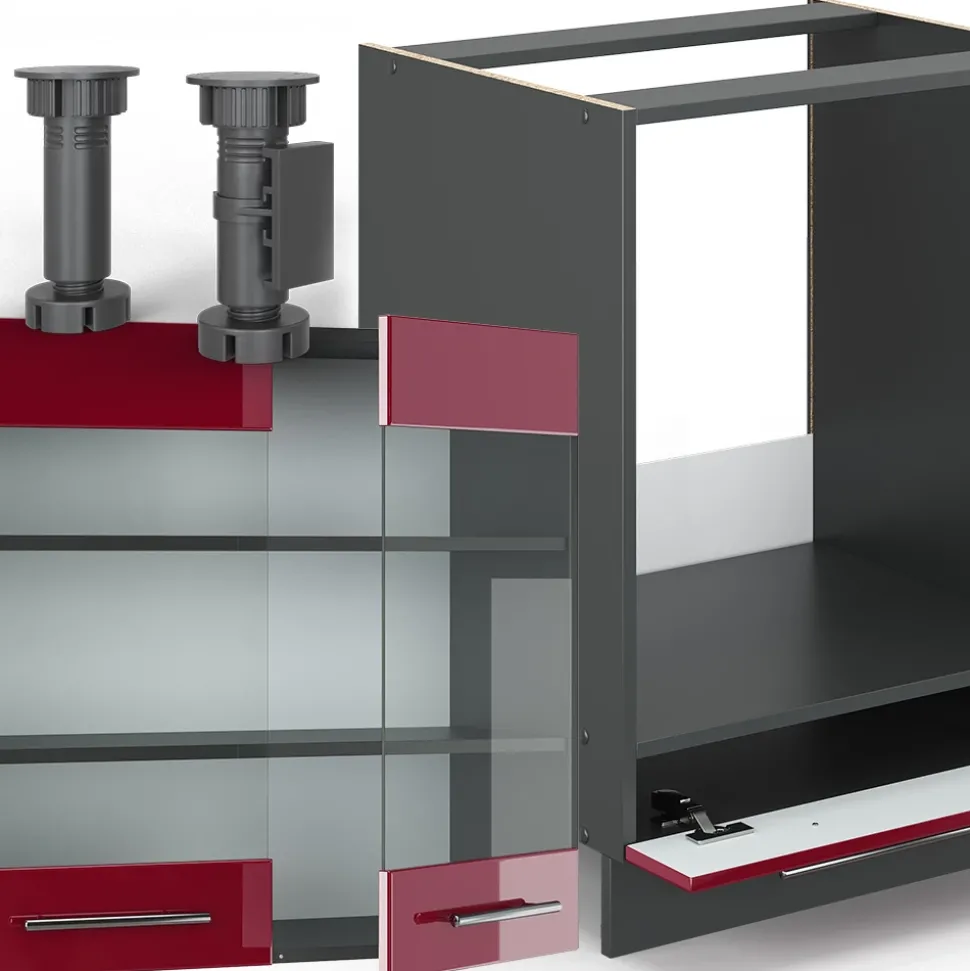 Eckküche Fame-Line Bordeaux Hochglanz/Anthrazit 287 x 46 cm ohne Arbeitsplatte Vicco