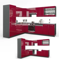 Eckküche Fame-Line Bordeaux Hochglanz/Anthrazit 287 x 46 cm ohne Arbeitsplatte Vicco