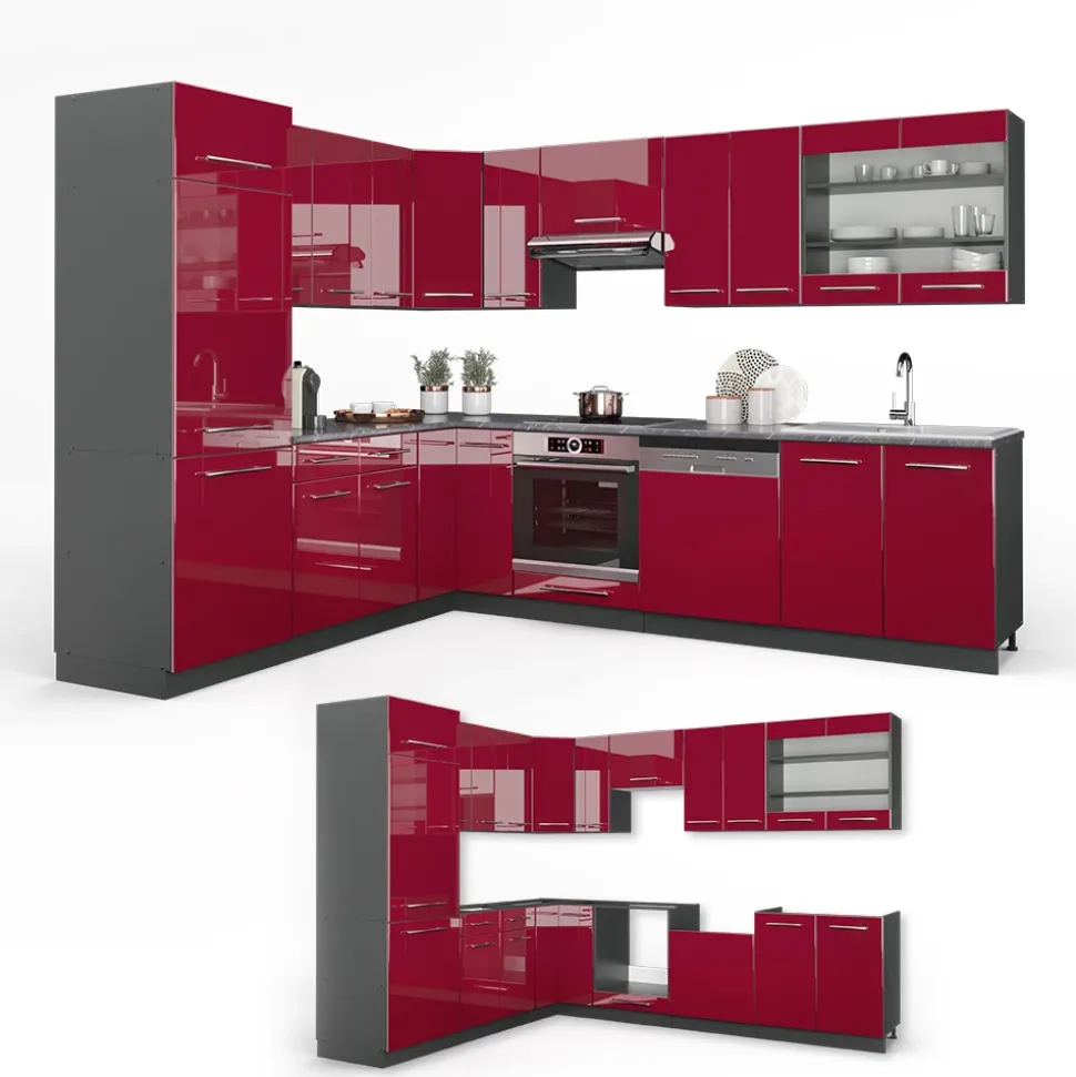 Eckküche Fame-Line Bordeaux Hochglanz/Anthrazit 287 x 46 cm ohne Arbeitsplatte Vicco