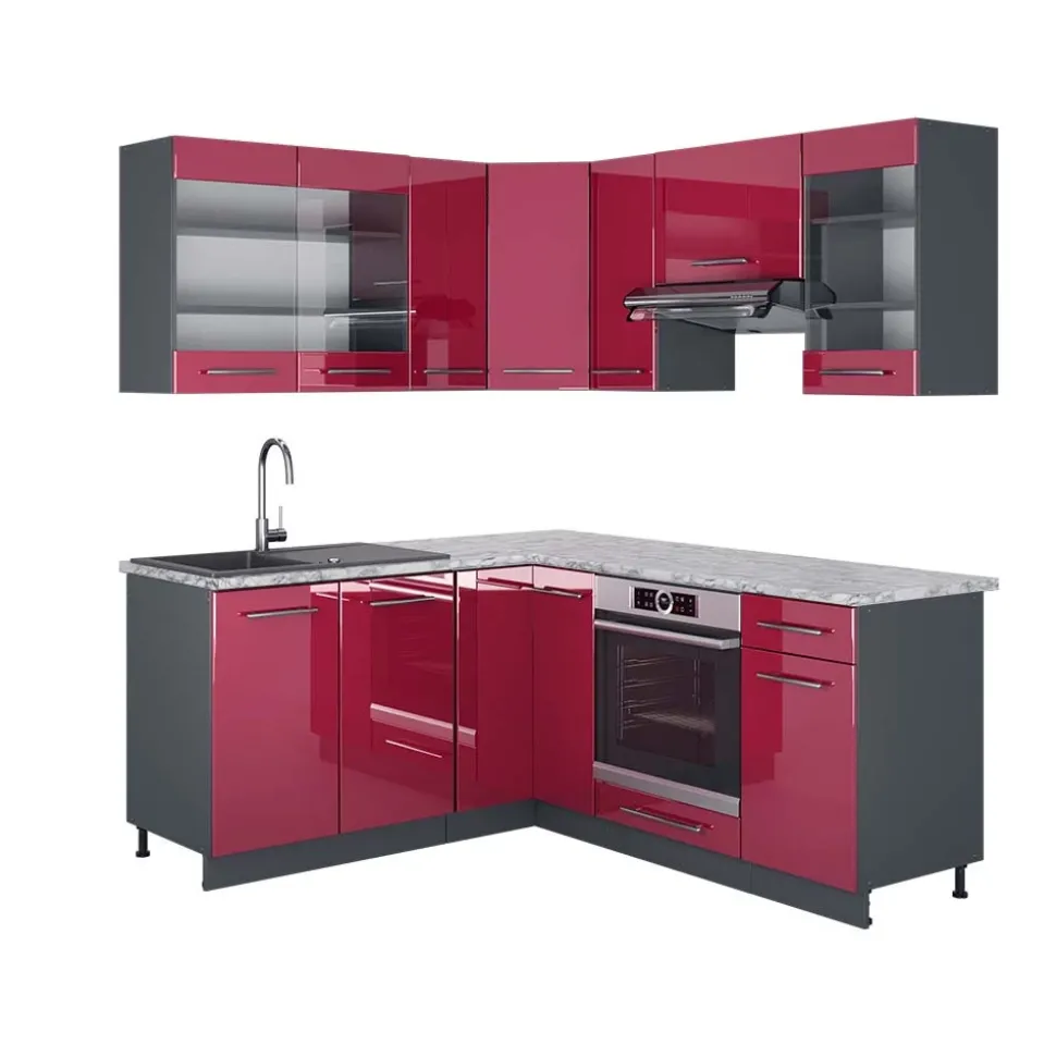 Eckküche Fame-Line Bordeaux Hochglanz/Anthrazit 190 x 60 cm , AP Marmor Vicco