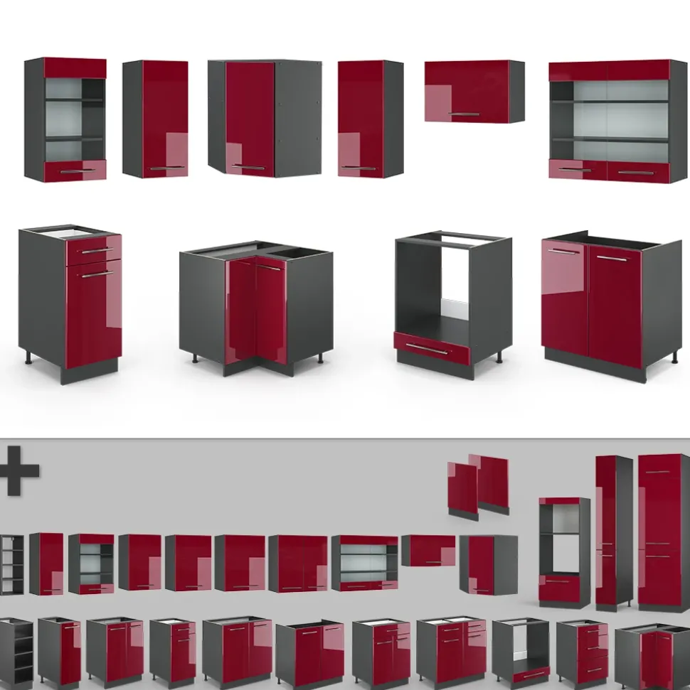 Eckküche Fame-Line Bordeaux Hochglanz/Anthrazit 190 x 60 cm , AP Marmor Vicco