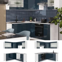 Eckküche Fame-Line Dunkelblau Hochglanz/Weiß 190 x 46 cm ohne Arbeitsplatte Vicco