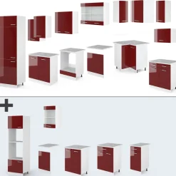 Eckküche R-Line Rot Hochglanz/Weiß 287 x 60 cm , AP Eiche Vicco