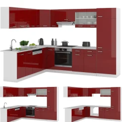 Eckküche R-Line Rot Hochglanz/Weiß 287 x 60 cm , AP Eiche Vicco