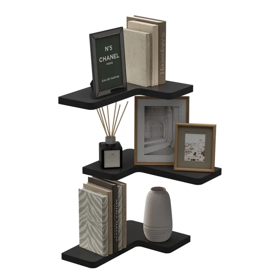 Eckregal Curva Schwarz 40.5 x 2.5 cm 3er Set Vicco