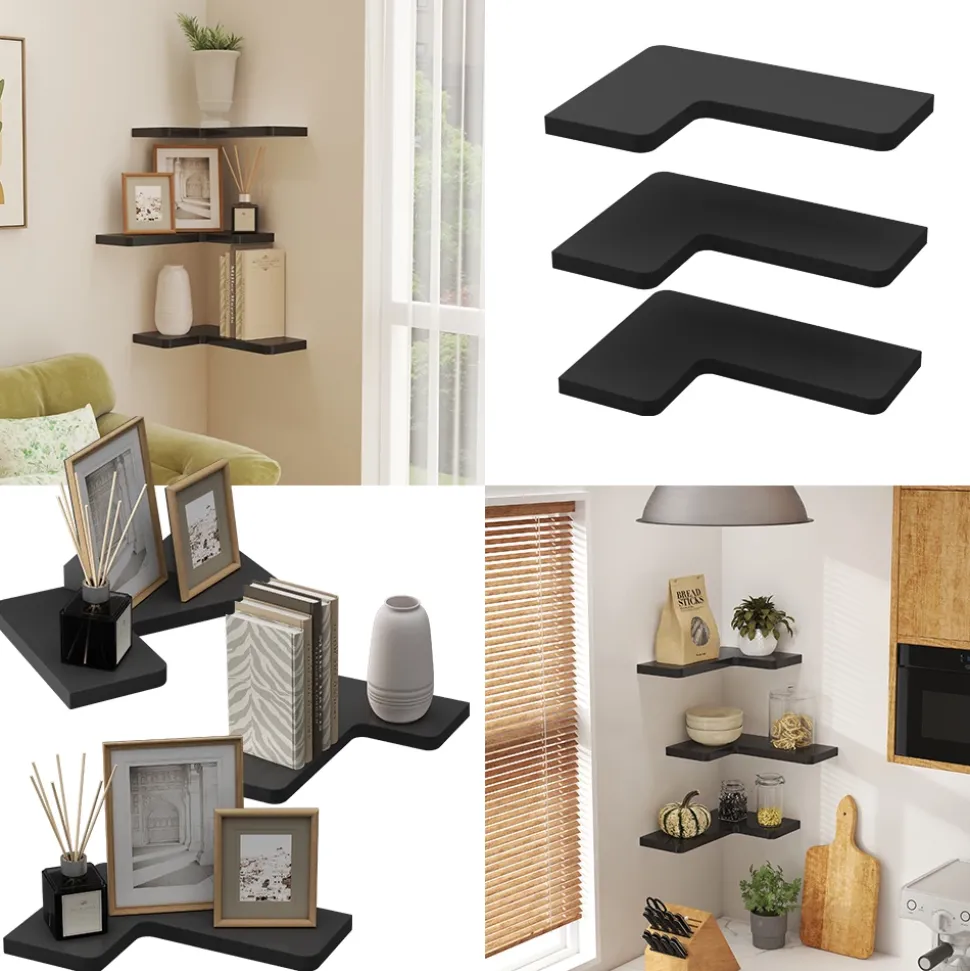 Eckregal Curva Schwarz 40.5 x 2.5 cm 3er Set Vicco