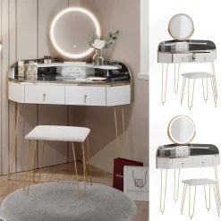 Eckschminktisch Amira Weiß Hochglanz 99 cm mit LED Spiegel, Hocker und USB Vicco