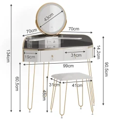 Eckschminktisch Amira Weiß Hochglanz 99 cm mit LED Spiegel, Hocker und USB Vicco