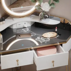 Eckschminktisch Amira Weiß Hochglanz 99 cm mit LED Spiegel, Hocker und USB Vicco