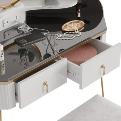 Eckschminktisch Amira Weiß Hochglanz 99 cm mit LED Spiegel, Hocker und USB Vicco