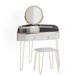 Eckschminktisch Amira Weiß Hochglanz 99 cm mit LED Spiegel, Hocker und USB Vicco