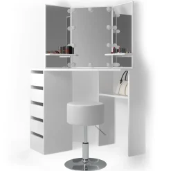 Eckschminktisch Arielle Weiß 110 cm mit LED Beleuchtung und Hocker Vicco