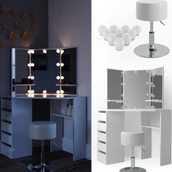 Eckschminktisch Arielle Weiß 110 cm mit LED Beleuchtung und Hocker Vicco
