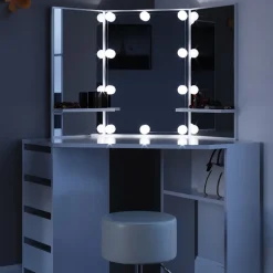 Eckschminktisch Arielle Weiß 110 cm mit LED Beleuchtung und Hocker Vicco