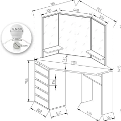 Eckschminktisch Arielle Weiß 110 cm mit LED Beleuchtung Vicco